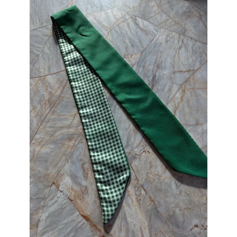 Green Satin Skinny Scarf Reversible Gingham Check Neck Tie Hair Ribbon 32 Inch